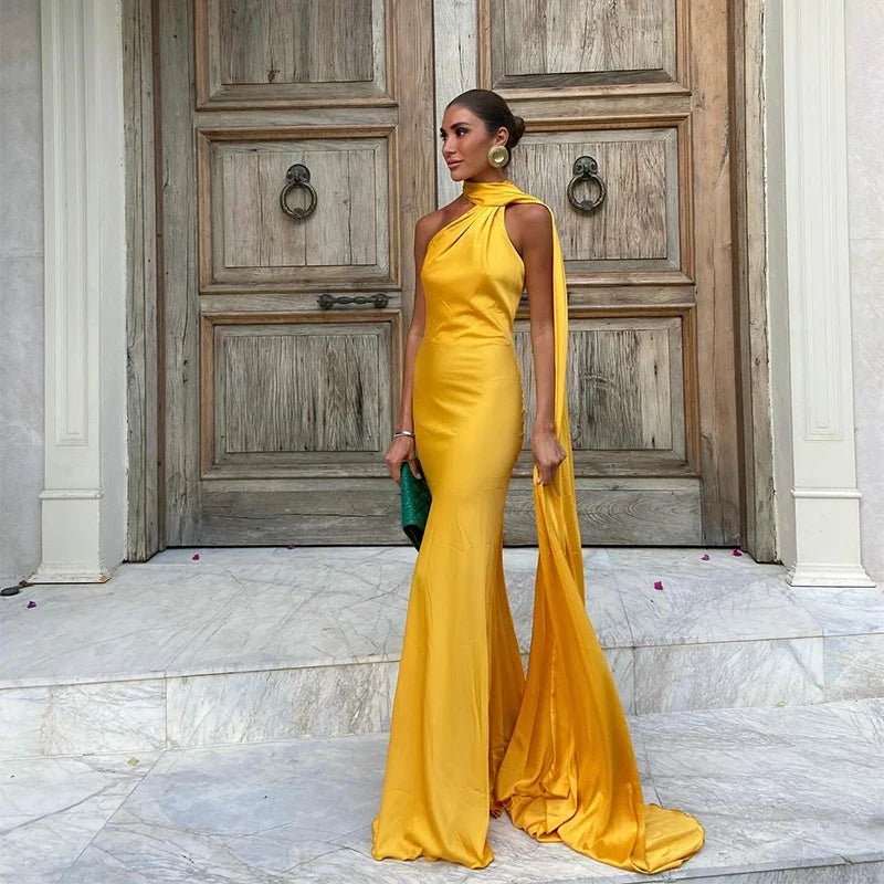 Sexy Satin Ribbon Party Dress Women Elegant Halter Backless Off Shoulder Sleeveless Female Dresses 2024 Summer Solid Robe Gown