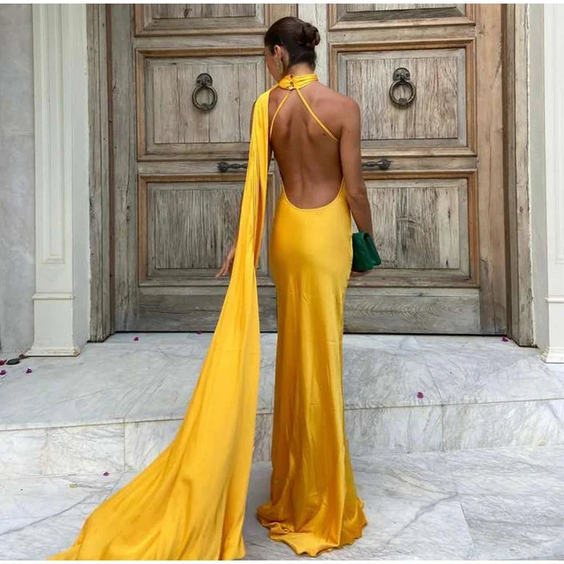 Sexy Satin Ribbon Party Dress Women Elegant Halter Backless Off Shoulder Sleeveless Female Dresses 2024 Summer Solid Robe Gown