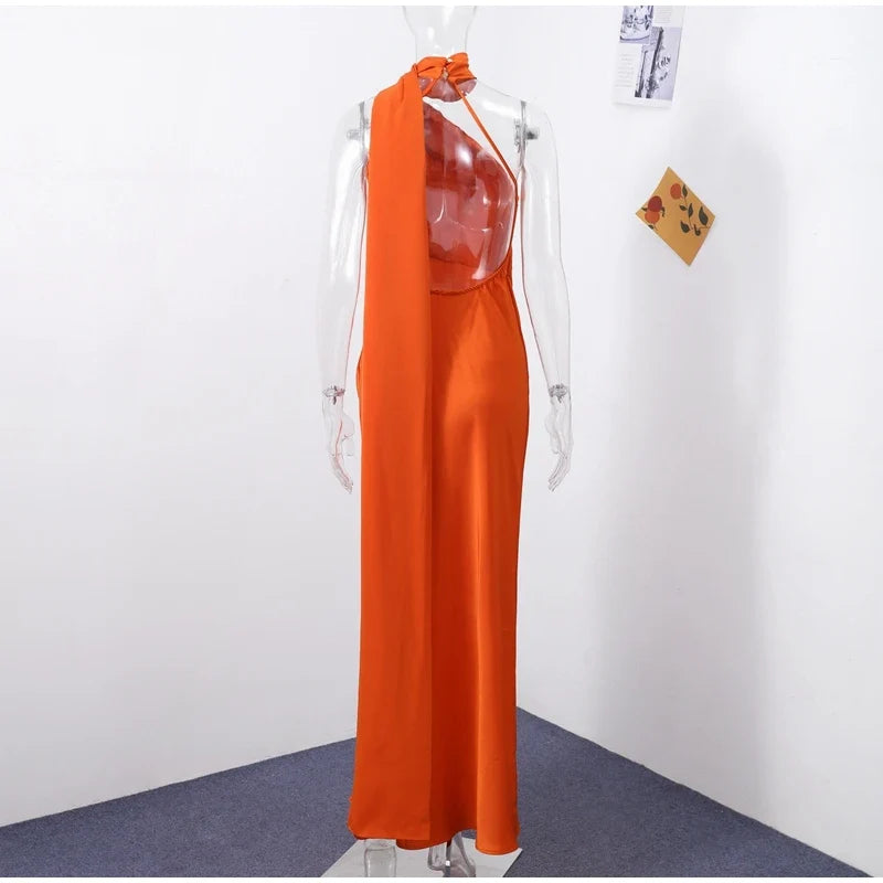Sexy Satin Ribbon Party Dress Women Elegant Halter Backless Off Shoulder Sleeveless Female Dresses 2024 Summer Solid Robe Gown