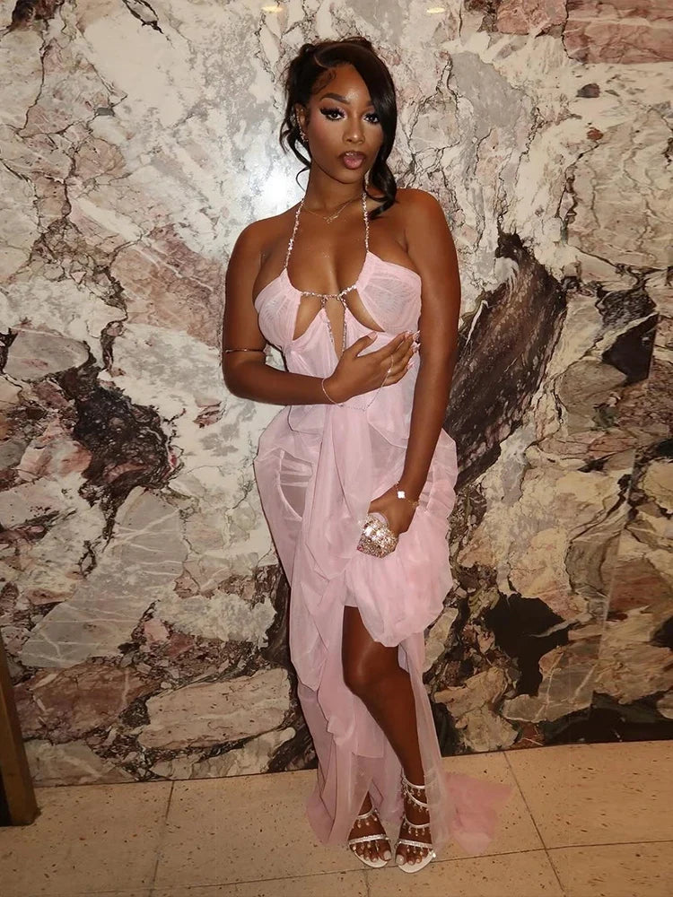 Nibber Prom Party Gown Dress Woman Sexy See Through Luxury Chain Halter Low-Neck Backless Sleeveless Midnight Elegant Vestidos