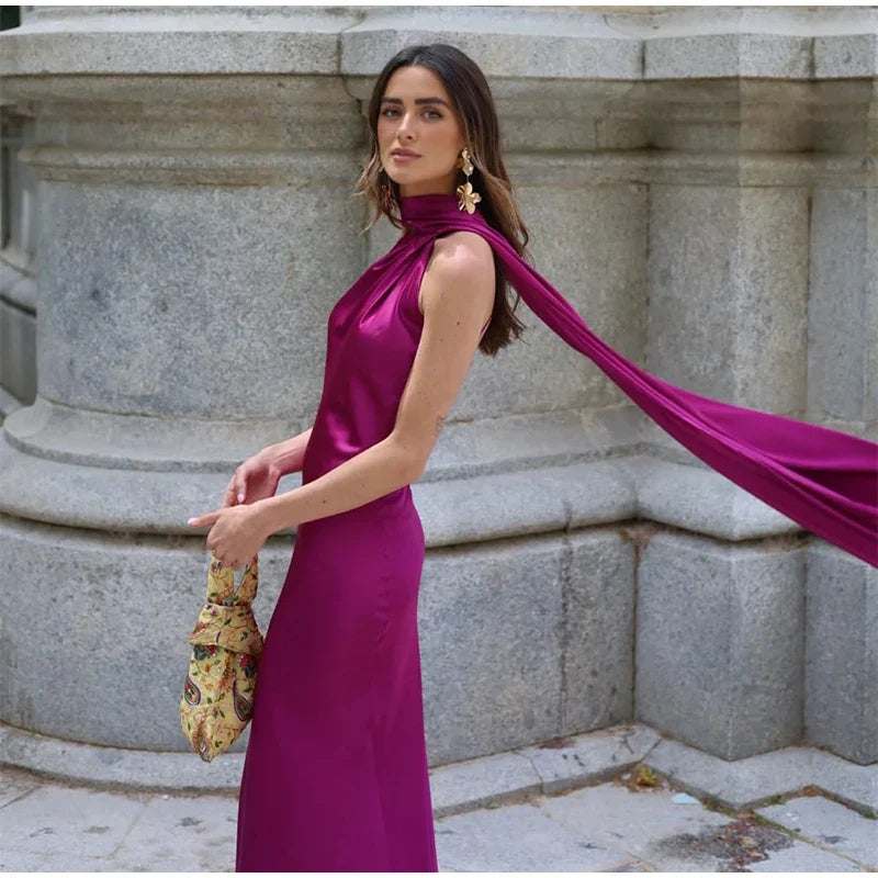Sexy Satin Ribbon Party Dress Women Elegant Halter Backless Off Shoulder Sleeveless Female Dresses 2024 Summer Solid Robe Gown