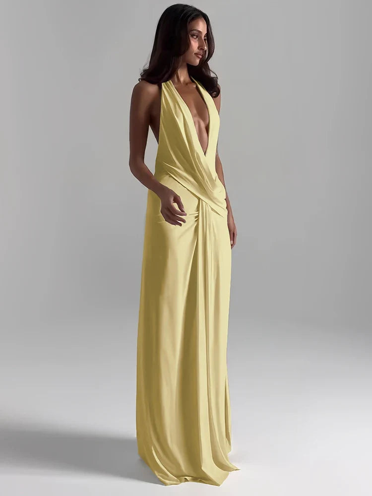 Sisterlinda Sexy High Splits Long Dress Women Halter Deep V-Neck Backless Sleeveless Summer Pool Party Ruched Elegant Vestidos