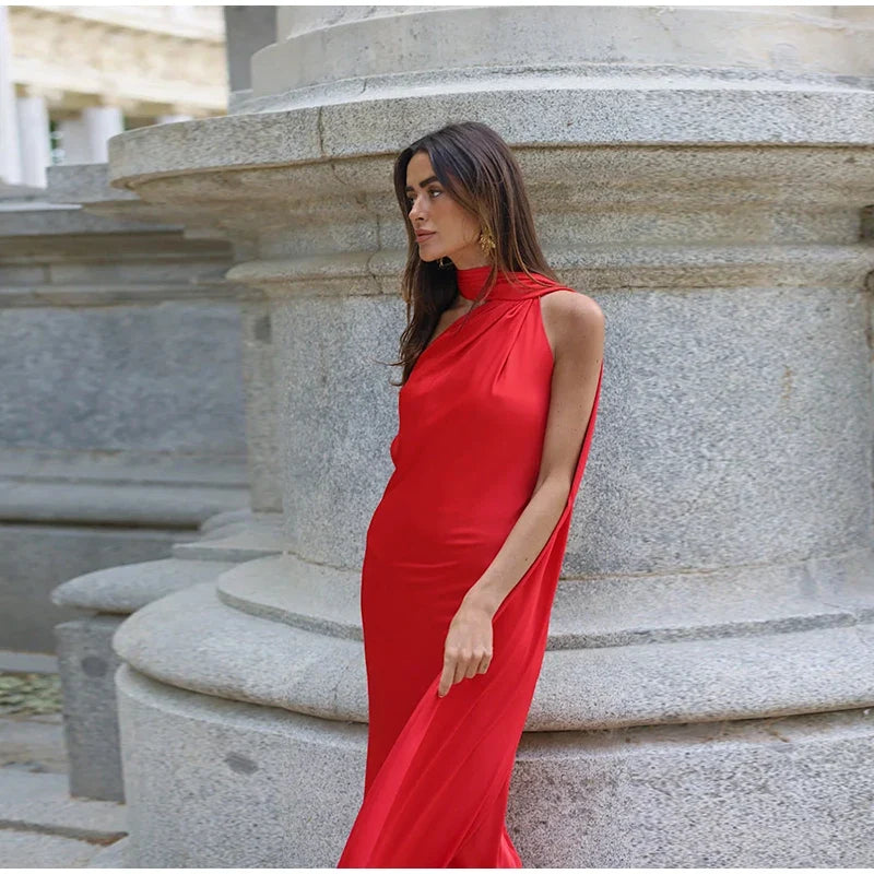 Sexy Satin Ribbon Party Dress Women Elegant Halter Backless Off Shoulder Sleeveless Female Dresses 2024 Summer Solid Robe Gown