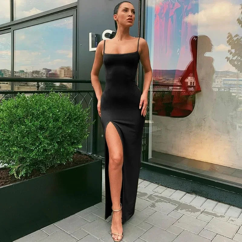 Women's Sleeveless Slit Maxi Dress, Spaghetti Strap Bodycon Dress,  Stretchy Fabric and Versatile, Elegant Sexy Evening Dress
