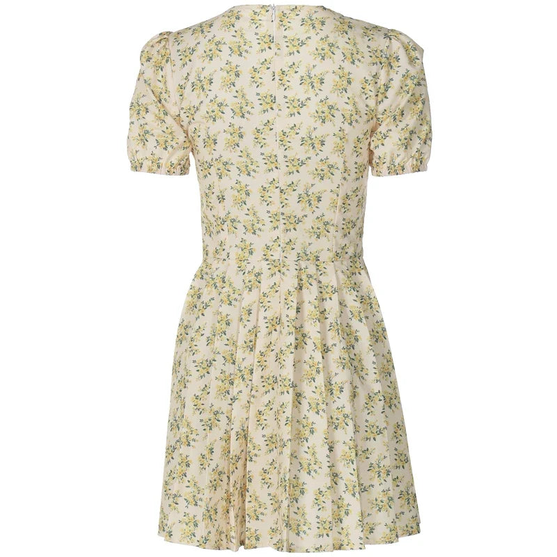 Hugcitar 2026 Floral Print V Neck Short Sleeve Lace Up Zip Up Sexy Slim Pleated Mini Dress Summer Elegant Outfits Party Vacation