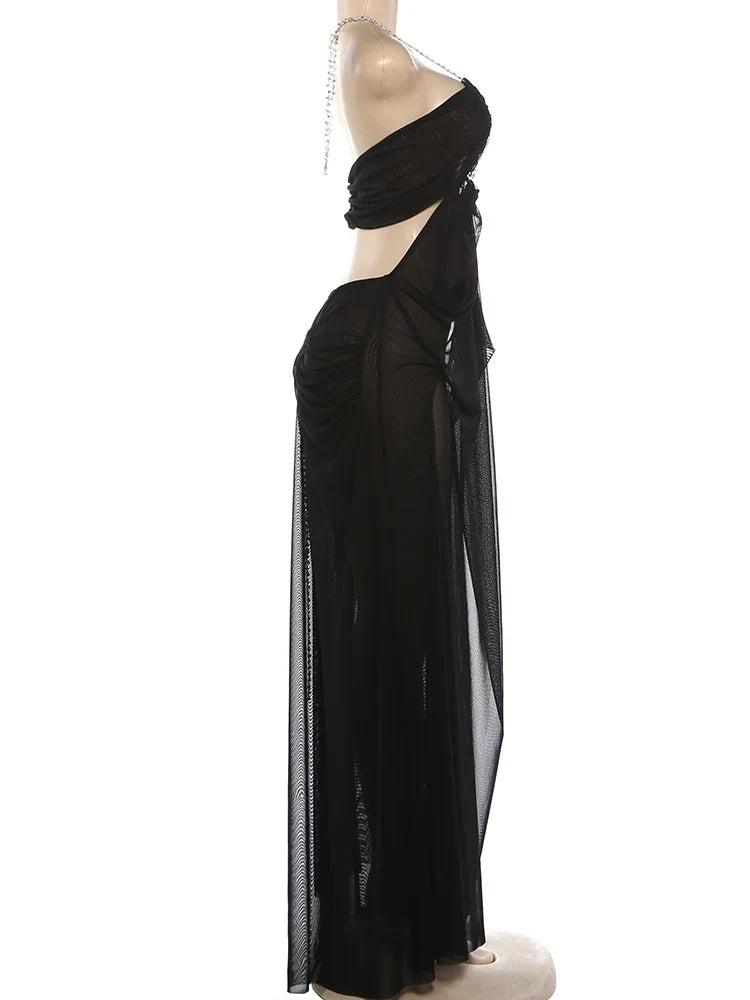 Nibber Prom Party Gown Dress Woman Sexy See Through Luxury Chain Halter Low-Neck Backless Sleeveless Midnight Elegant Vestidos