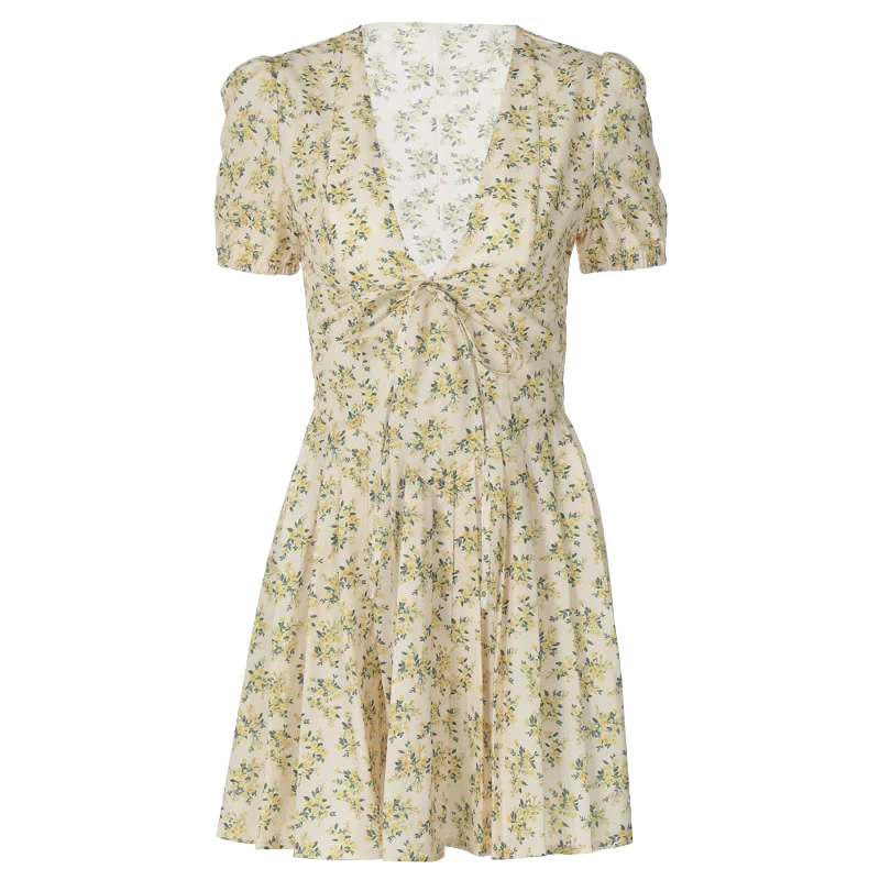 Hugcitar 2026 Floral Print V Neck Short Sleeve Lace Up Zip Up Sexy Slim Pleated Mini Dress Summer Elegant Outfits Party Vacation