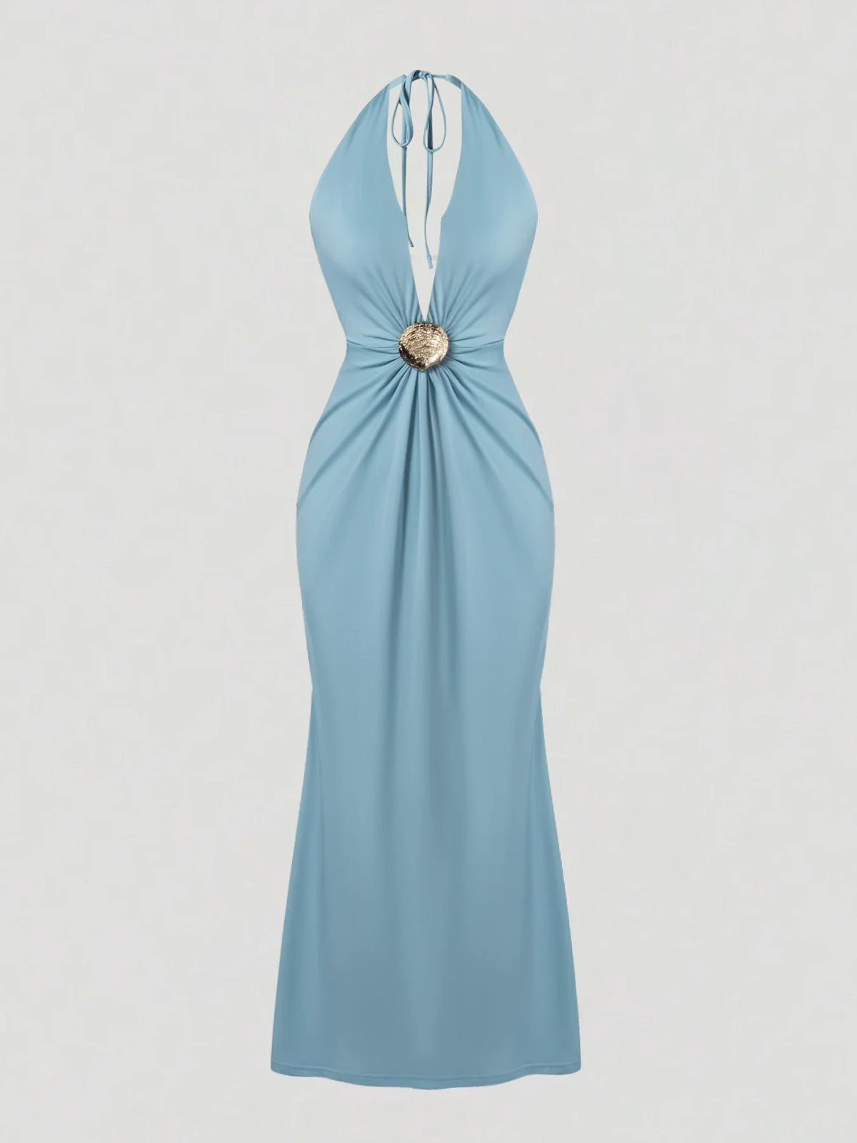 Maxi Dress Spring Summer Women Light Blue Halter Neck Twist Front Sexy Elegant Party Date Evening Club Dress