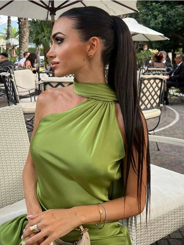 Sexy Satin Ribbon Party Dress Women Elegant Halter Backless Off Shoulder Sleeveless Female Dresses 2024 Summer Solid Robe Gown