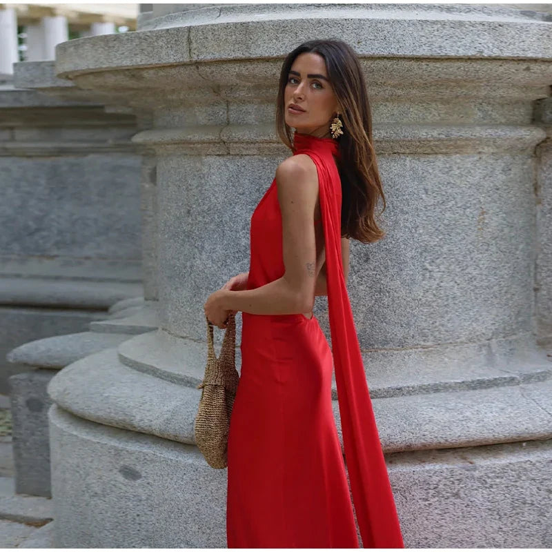 Sexy Satin Ribbon Party Dress Women Elegant Halter Backless Off Shoulder Sleeveless Female Dresses 2024 Summer Solid Robe Gown