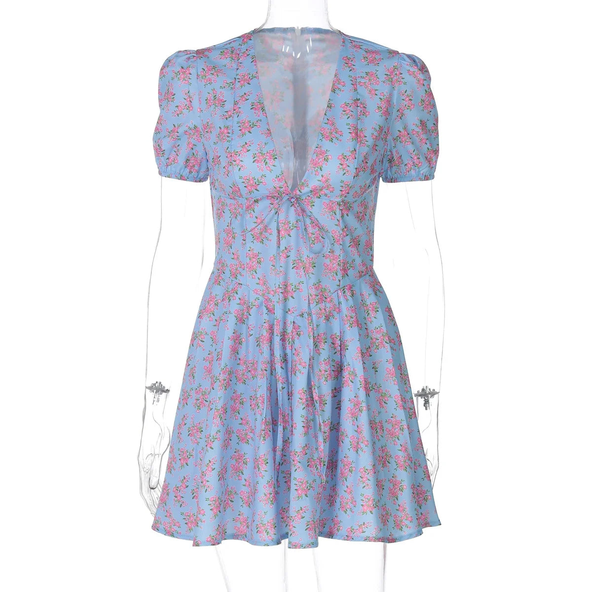 Hugcitar 2026 Floral Print V Neck Short Sleeve Lace Up Zip Up Sexy Slim Pleated Mini Dress Summer Elegant Outfits Party Vacation