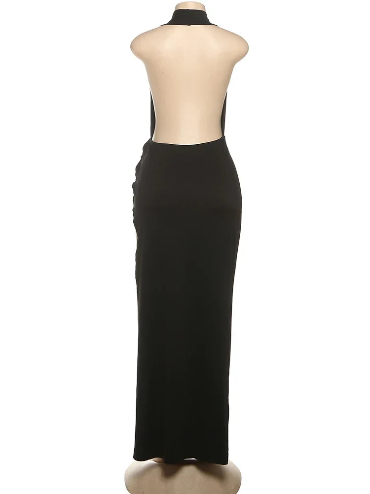 Sisterlinda Sexy High Splits Long Dress Women Halter Deep V-Neck Backless Sleeveless Summer Pool Party Ruched Elegant Vestidos