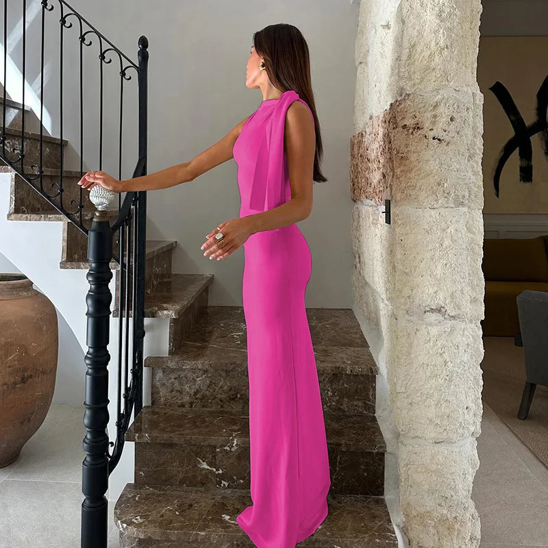Hugcitar Fashion Solid O Neck Sleeveless Patchwork Sexy Bodycon Maxi Prom Dress Summer Women Clothes Party Festival Club Y2K