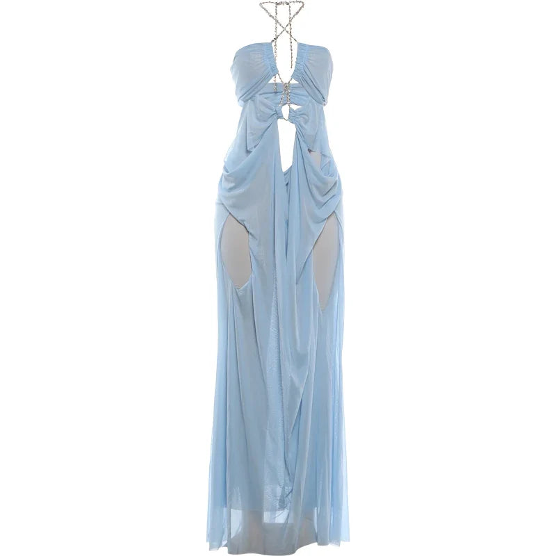Nibber Prom Party Gown Dress Woman Sexy See Through Luxury Chain Halter Low-Neck Backless Sleeveless Midnight Elegant Vestidos