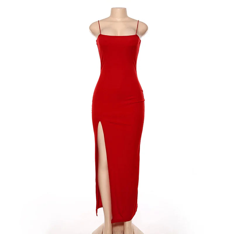 Women's Sleeveless Slit Maxi Dress, Spaghetti Strap Bodycon Dress,  Stretchy Fabric and Versatile, Elegant Sexy Evening Dress
