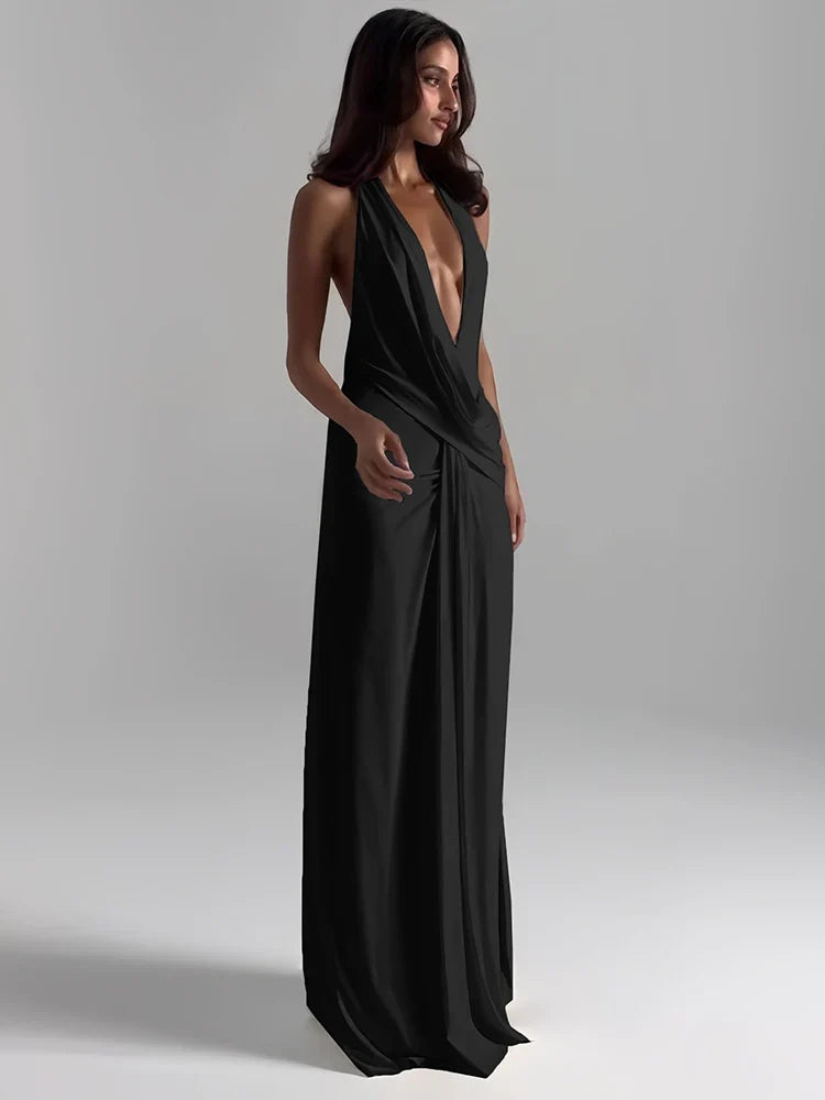 Sisterlinda Sexy High Splits Long Dress Women Halter Deep V-Neck Backless Sleeveless Summer Pool Party Ruched Elegant Vestidos