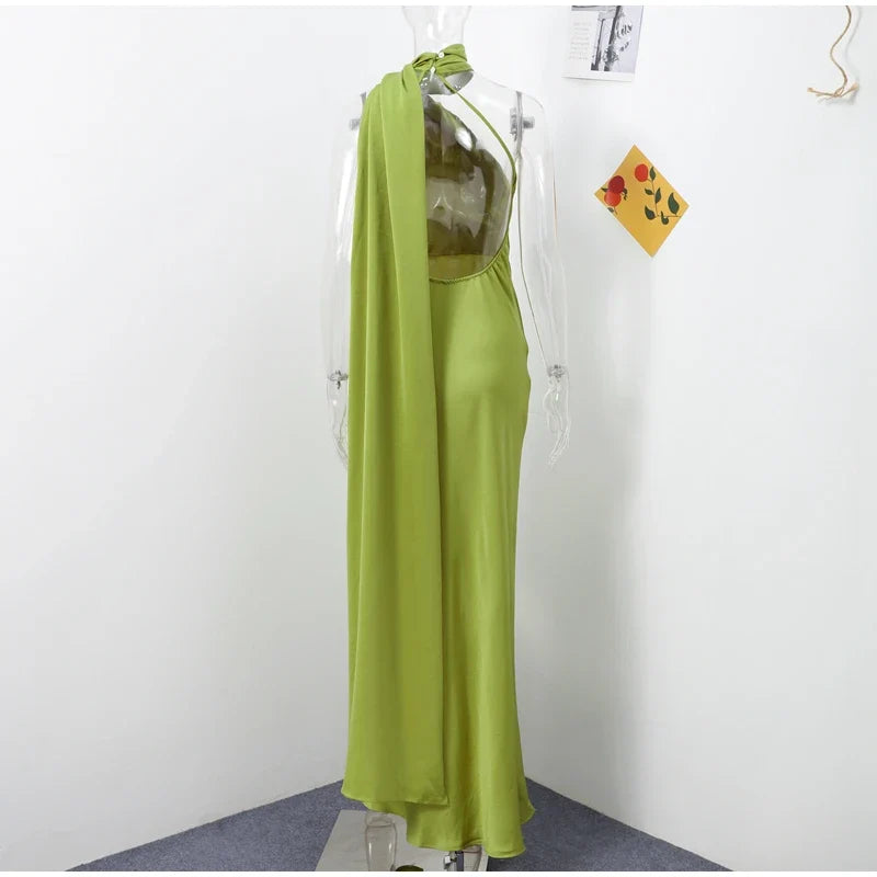 Sexy Satin Ribbon Party Dress Women Elegant Halter Backless Off Shoulder Sleeveless Female Dresses 2024 Summer Solid Robe Gown