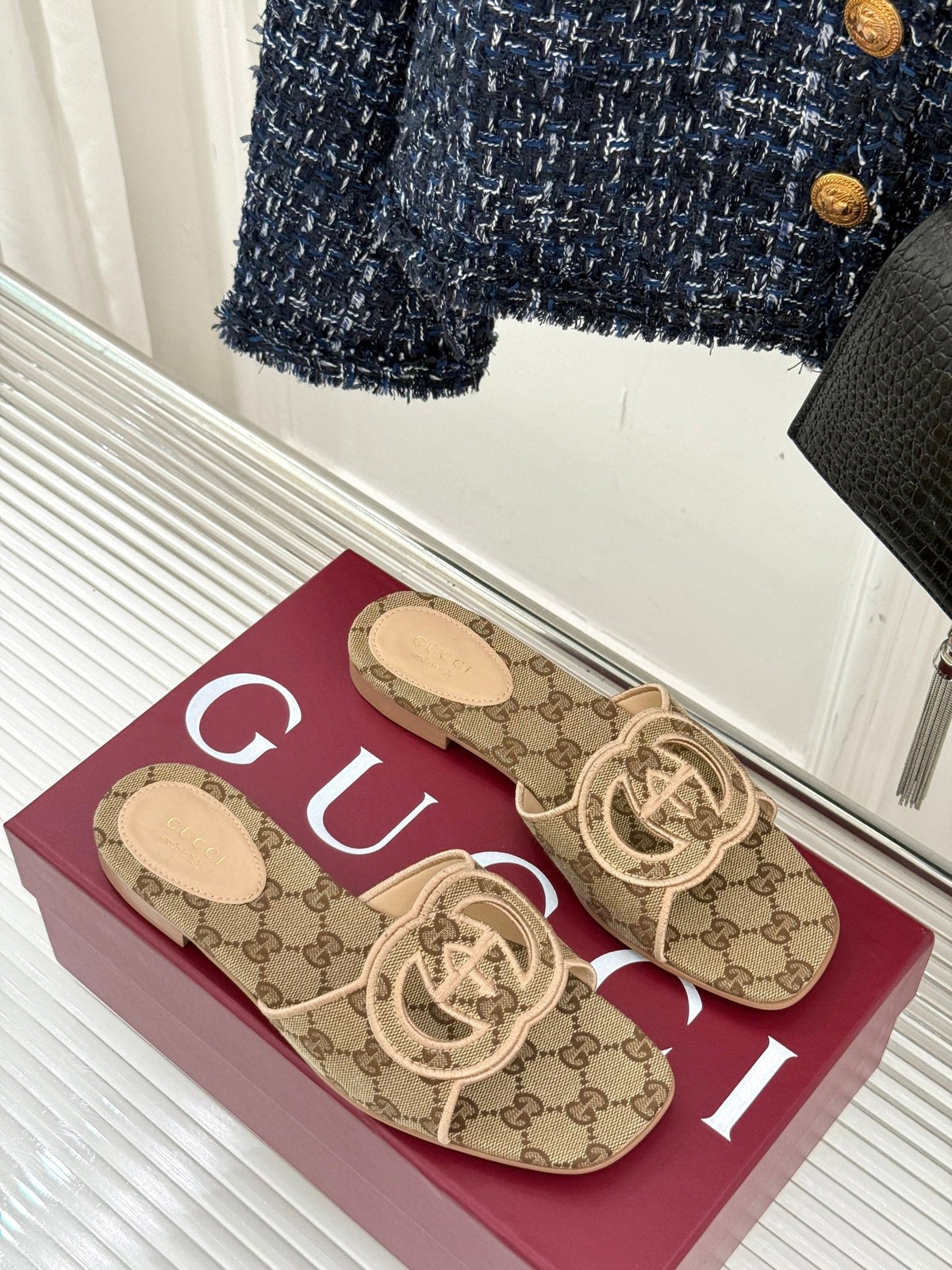 SLIDE SANDALS IN DARK BEIGE FABRIC EMBOSSED LOGO STYLE 3