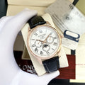 Longines Rose Gold Black White Dial Strap Watch