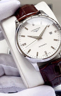 Silver Brown White Dial Leather Strap Watch